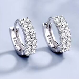 925 Sterling Silver Hoop Earrings with Double Row Cubic Zirconia Diamonds NEW